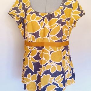 Boden Short Sleeved Gold/Grey Floral Printed Blouse, Size 12